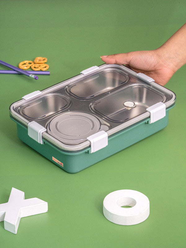 4 partition Lunch Box Stainless Steel with container, Spoon & Chopsticks