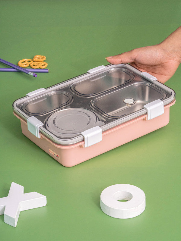 4 partition Lunch Box Stainless Steel with container, Spoon & Chopsticks