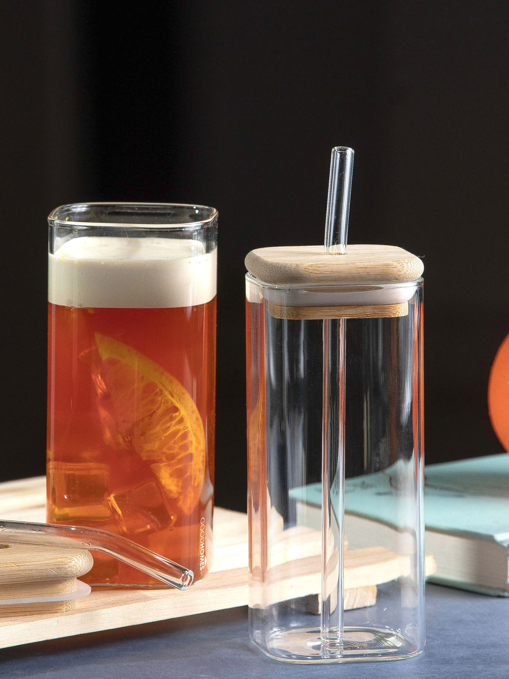 Goodhomes Borosilicate Glass Tumbler With Glass Straw & Wooden Lid (Set Of 4Pcs)