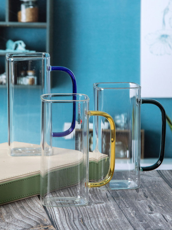 Goodhomes Glass Coffee Mug with Color Handle (Set of 3pcs)