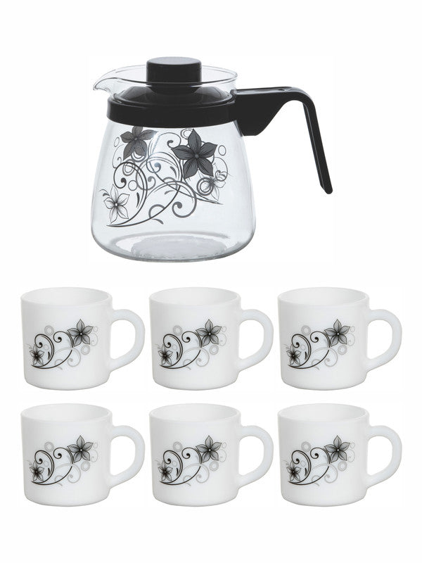 Cello Opalware Tea Set with Glass Pot(Carafe) (set of 6pcs Mugs & 1pc Tea Pot)