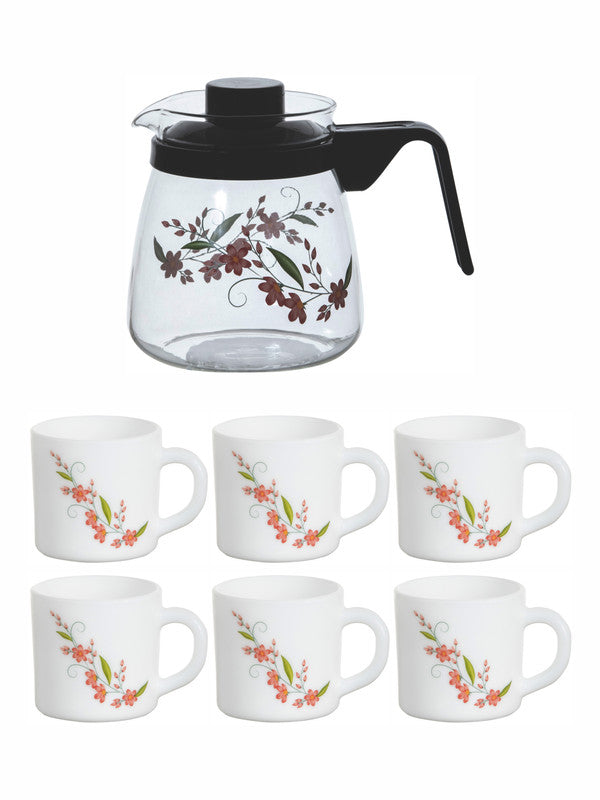 Cello Opalware Tea Set with Glass Pot(Carafe) (set of 6pcs Mugs & 1pc Tea Pot)