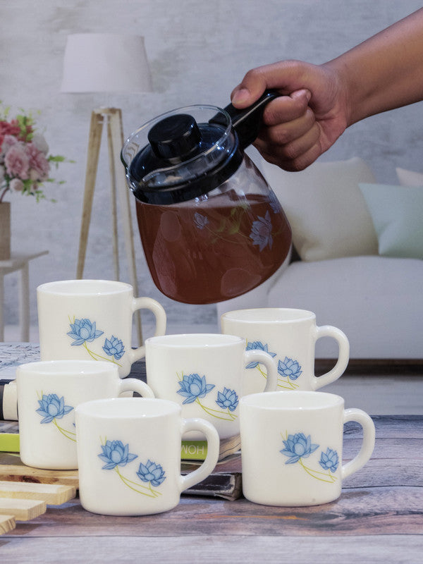Cello Opalware Tea Set with Glass Pot(Carafe) (set of 6pcs Mugs 1pc Tea Pot)
