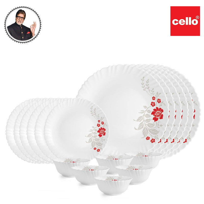 Cello Dazzle Scarlet Bliss Opalware Dinner Set, 18 Pieces, White