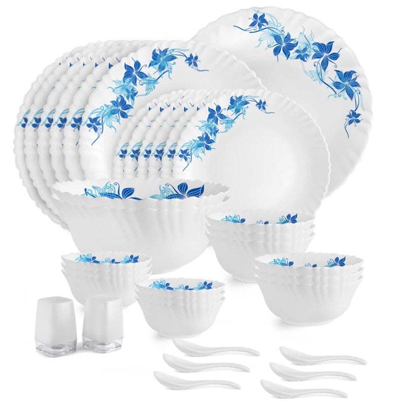 Cello Blue Swirl Dazzle Series Opalware Dinner Set, 35-Pieces, Service for 6, White