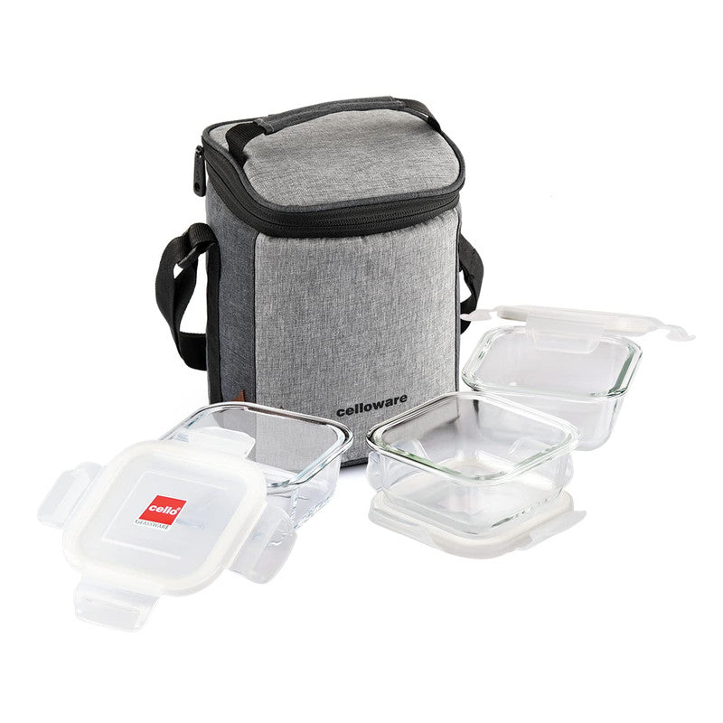 Cello Delighta Square Borosilicate Lunch Box with Jacket, 320ml, Set of 3