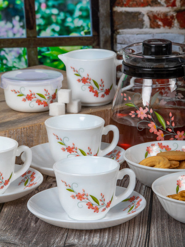 Cello Opalware Imperial Tea Set (Set of 6pcs Cup, 6pcs Saucer, 2pcs Snack Bowl, 1pc Sugar Pot With Lid, 1pc Milk Pot, 1pc Glass Carafe)