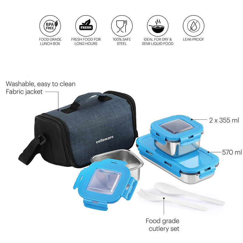 Cello Max Fresh Foodzone Lunch Box, 355mlx2 + 570mlx1 and Jacket, Blue