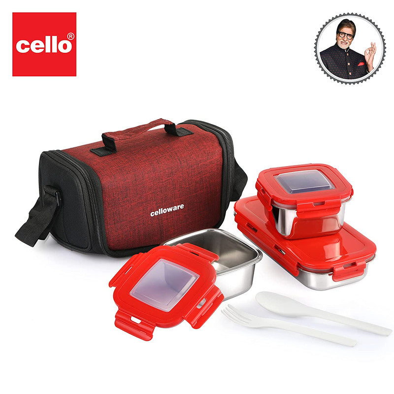 Cello Max Fresh Foodzone Lunch Box, 355mlx2 + 570mlx1 and Jacket, Red