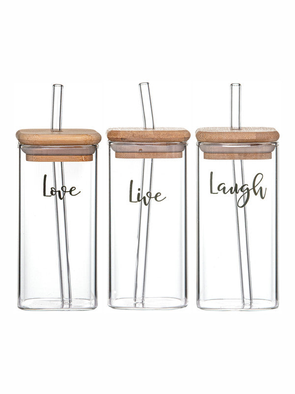 Printed Glass Drink Jar with Straw & Wooden Lid Set of 3pcs