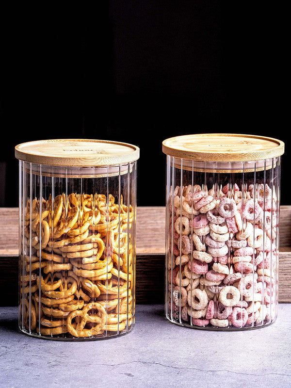 Goodhomes Glass Medium Jar with Wooden Lid (Set of 2pcs)