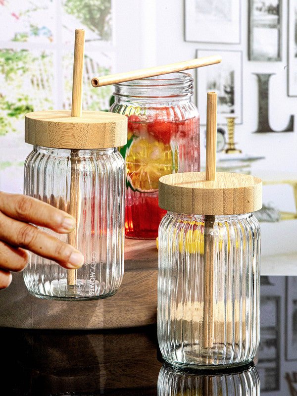 Goodhomes Glass Driking Bottle With Wooden Lid & Straw  (Set Of 3Pcs)