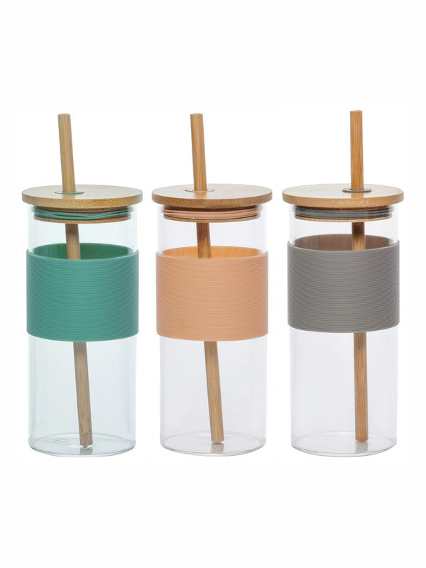 Goodhomes Glass Driking Bottle With Wooden Lid & Straw (Set Of 3Pcs) – GOOD  HOMES