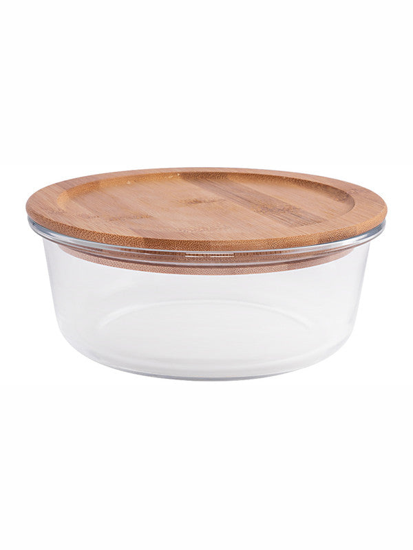 Round Glass storage box with Air tight Wooden Lid (Set of 3pcs)