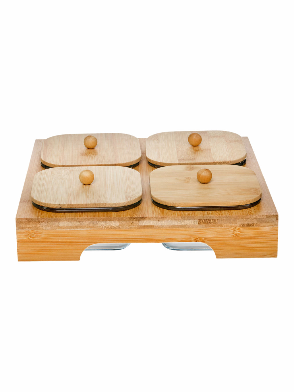 Goodhomes Glass serving Set with Wooden Lid & Stand (Set of 4pcs Bowl with Wooden Lid & 1pc tray)