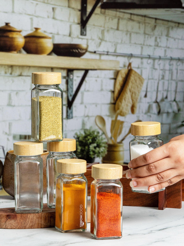Wood Spice Rack & Glass Spice Jar Set