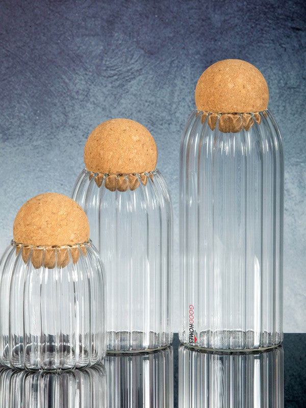 Goodhomes Glass Storage container with Cork Lid Lid (Set of 3pcs)