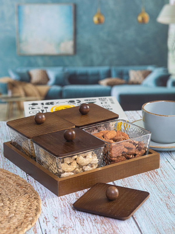 Goodhomes Glass Bowl With Wooden Lid Tray (Set of 9pcs)