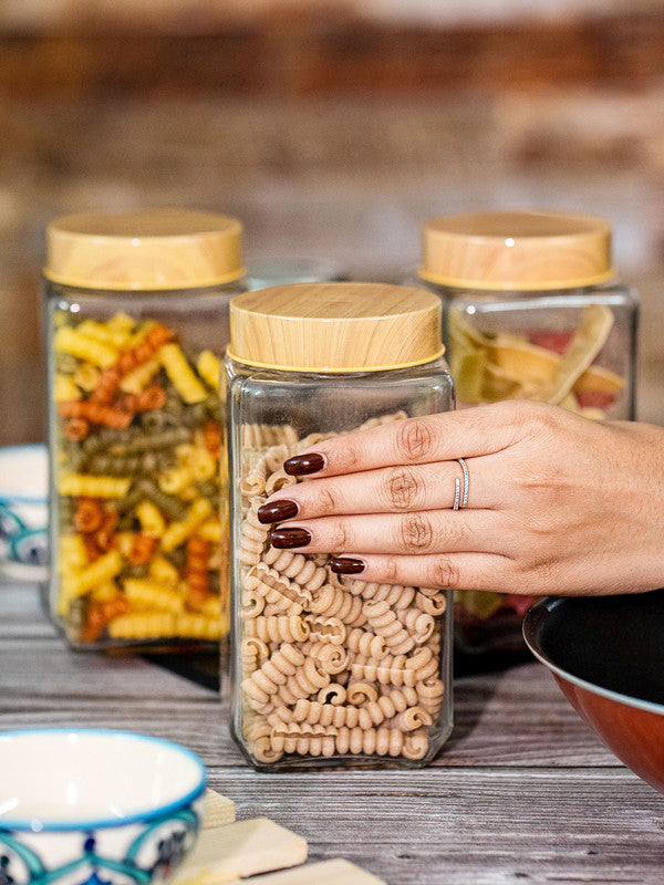 White Gold Airtight Glass Canister With Bamboo (Set of 3pcs)