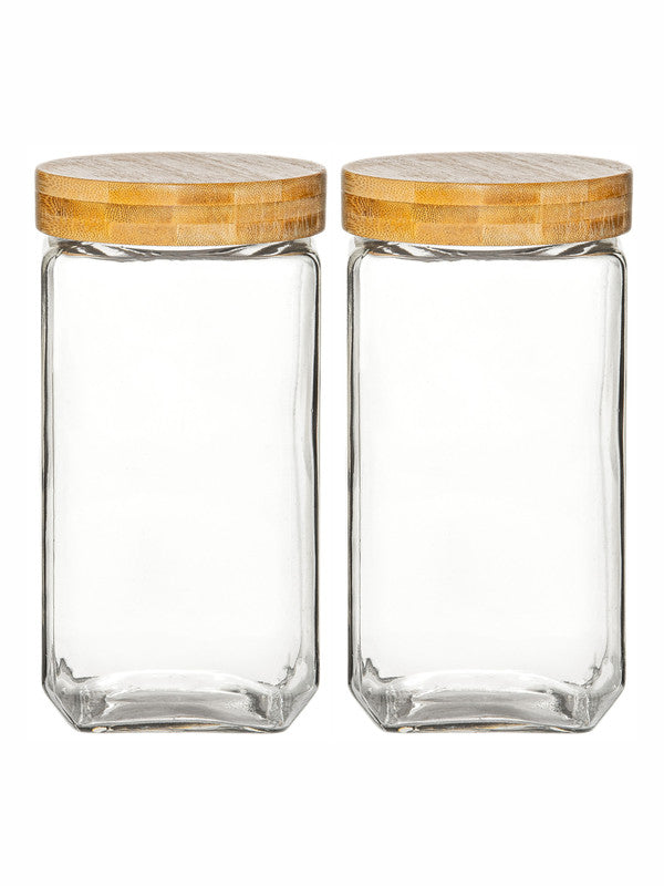 White Gold Airtight Glass Canister with Bamboo Lid (Set of 2pcs)