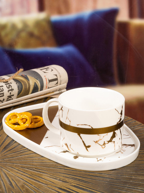 White Gold Porcelain Coffee/Tea cup Plate with Gold Print (Set of