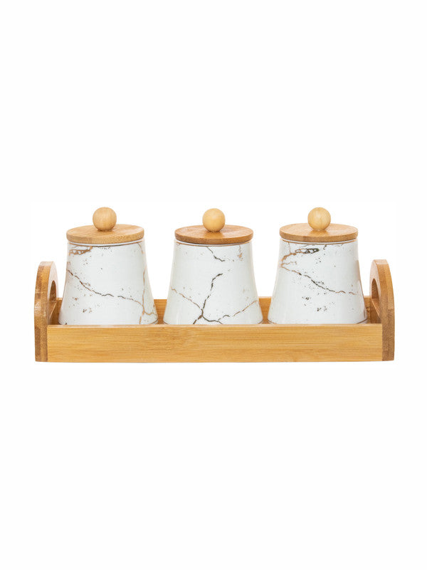 White Gold Porcelain Jar Set with Bamboo Tray & Lid (Set of 4pcs)