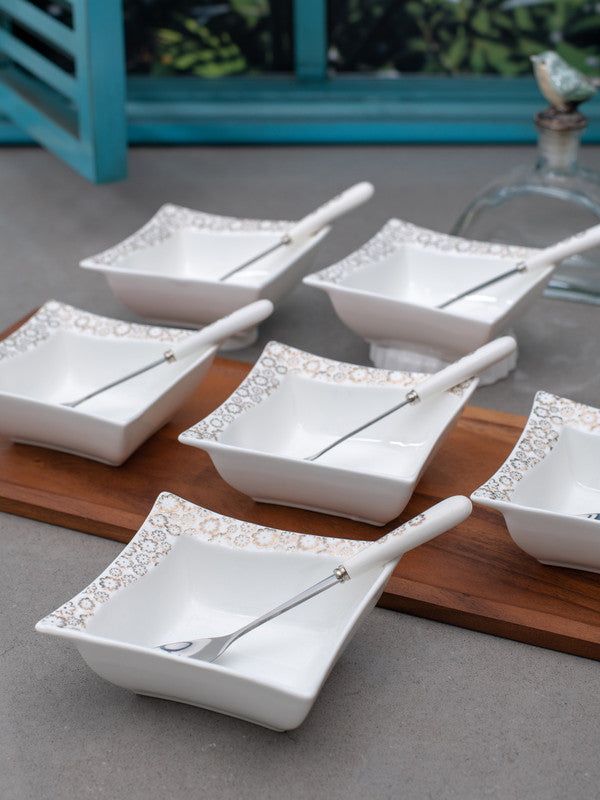 Porcelain Dessert Bowl Set with Spoons in Real Gold Design (Set of 12 pcs)