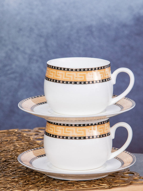 Cello Porcelain Tea/Coffee Cup Saucer with Gold Print (Set of 6pcs Cup & 6pcs Saucer)