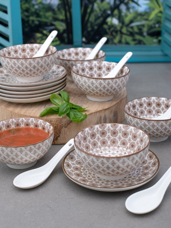 Porcelain Soup Bowl Set with Plates and Spoons (Set of 18 pcs
