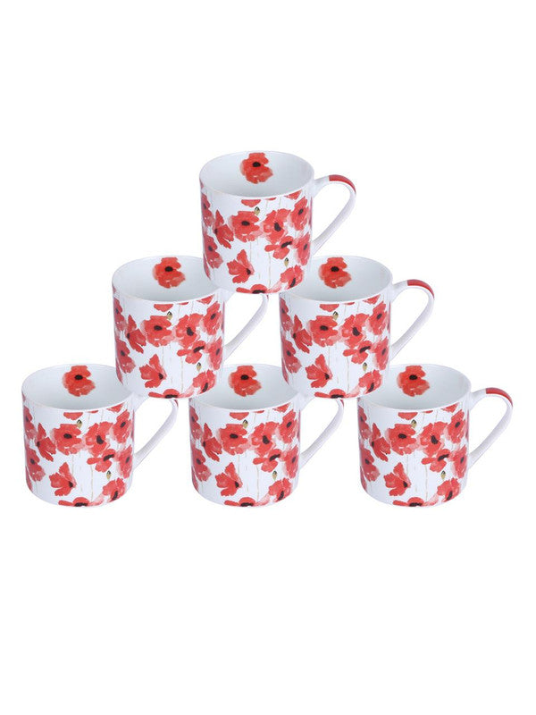 Bone China Coffee Mug Set with Red Flower Design. ( Set of 6 Cup )