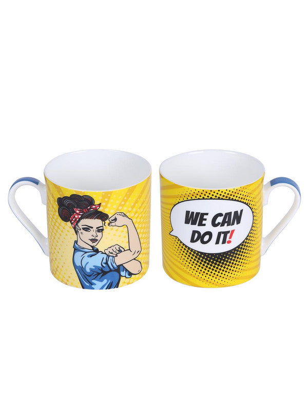 Bone China Mug Set with We Can Do It! Slogan ( Set of 4 Cup )