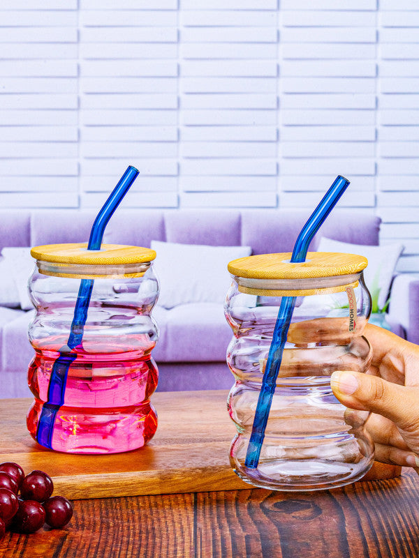 Borosilicate Glass Mason jar with Color Glass Straw & Wooden Lid Set of 2pcs