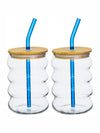 Borosilicate Glass Mason jar with Color Glass Straw & Wooden Lid Set of 2pcs