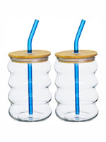 Borosilicate Glass Mason jar with Color Glass Straw & Wooden Lid Set of 2pcs