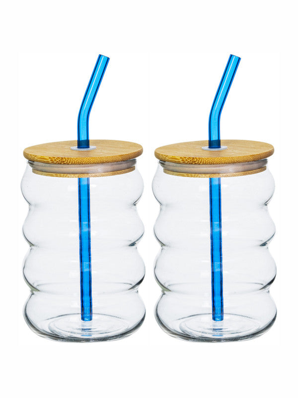 Borosilicate Glass Mason jar with Color Glass Straw & Wooden Lid Set of 2pcs