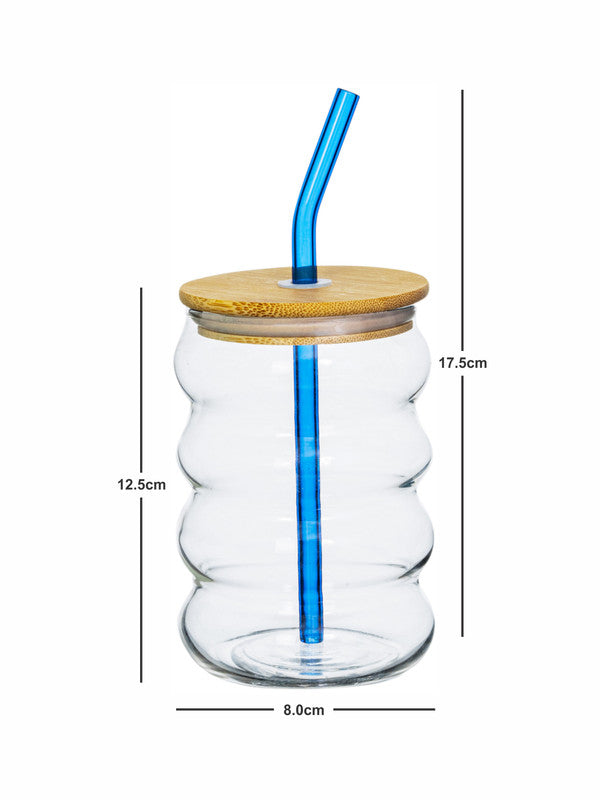 Borosilicate Glass Mason jar with Color Glass Straw & Wooden Lid Set of 2pcs