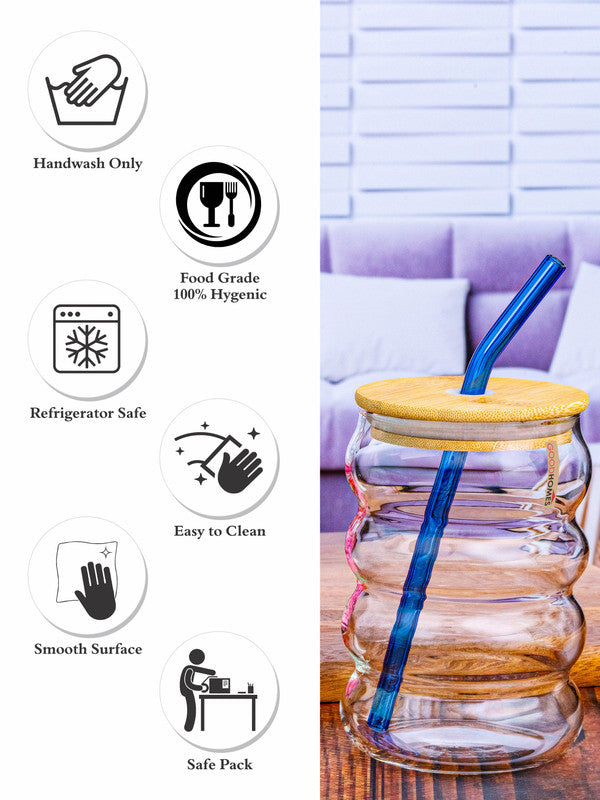 Borosilicate Glass Mason jar with Color Glass Straw & Wooden Lid Set of 2pcs