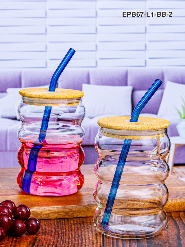 Borosilicate Glass Mason jar with Color Glass Straw & Wooden Lid Set of 2pcs