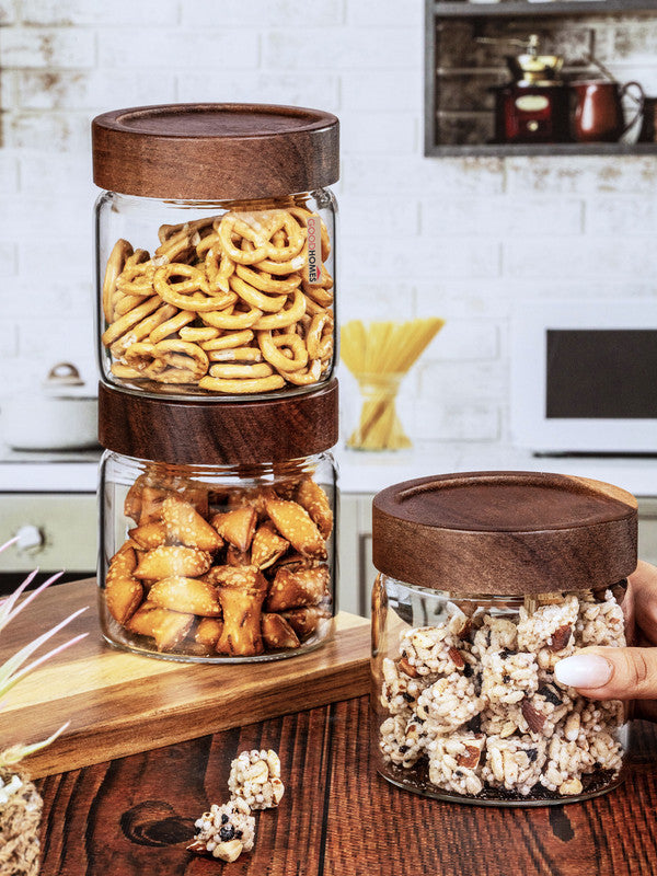 Clear Glass Storage Jar Set With Wooden Lid of 3pcs