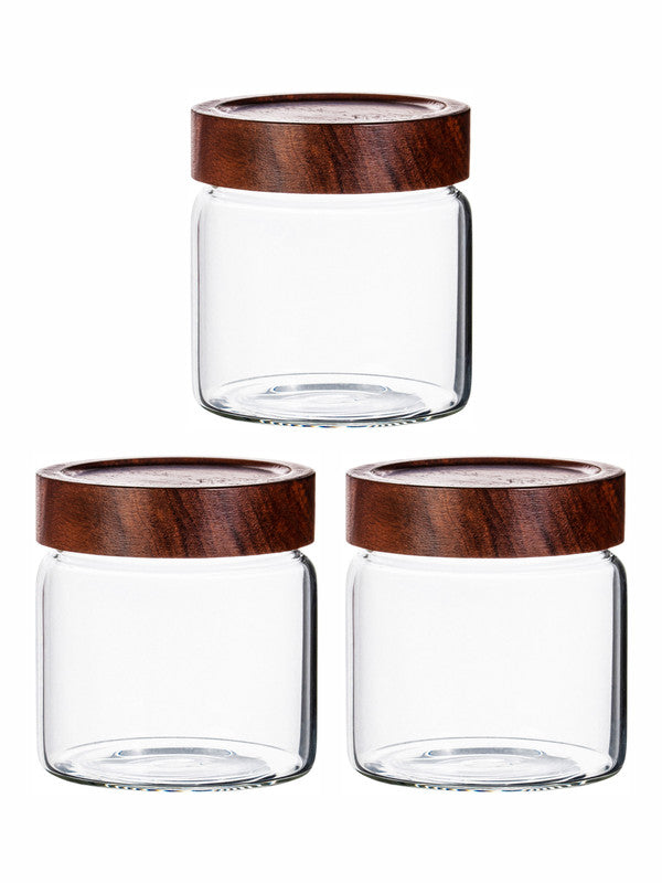 Clear Glass Storage Jar Set With Wooden Lid of 3pcs
