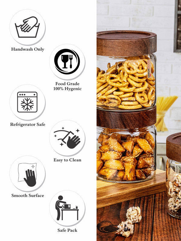 Clear Glass Storage Jar Set With Wooden Lid of 3pcs