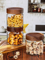 Clear Glass Storage Jar Set With Wooden Lid of 3pcs