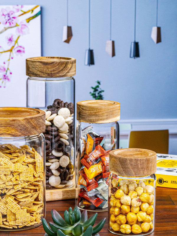 Glass Storage Jar with Wooden Lid Set of 2pcs