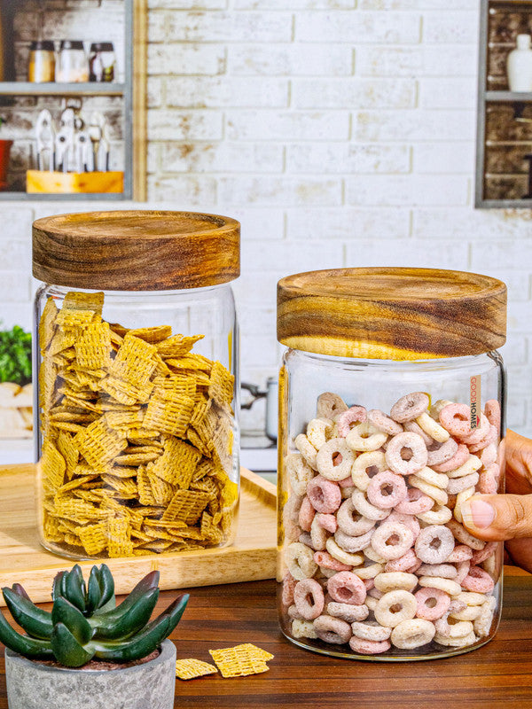 Glass Storage Jar with Wooden Lid Set of 2pcs