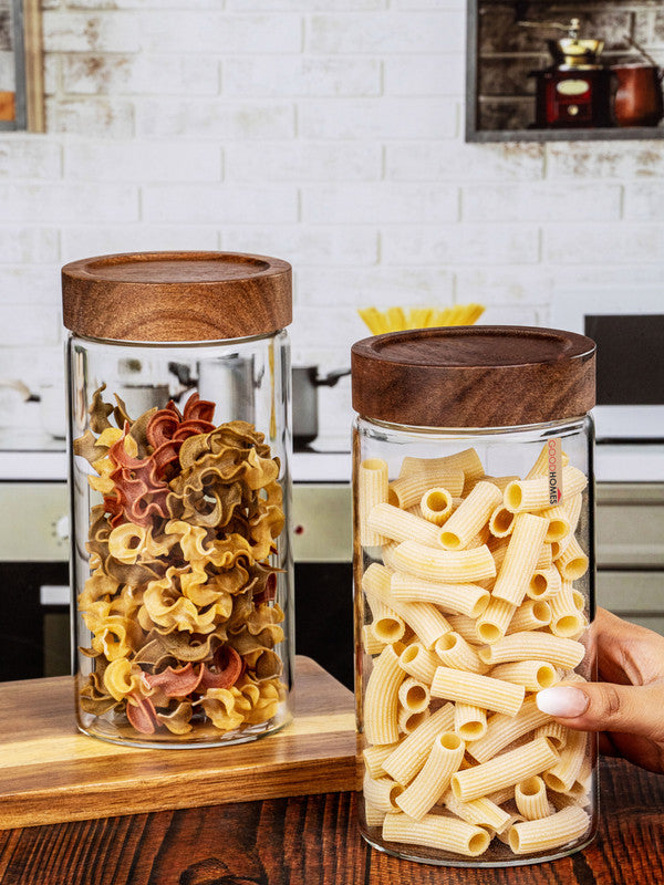 Clear Glass Storage Jar Set With Wooden Lid of 2pcs