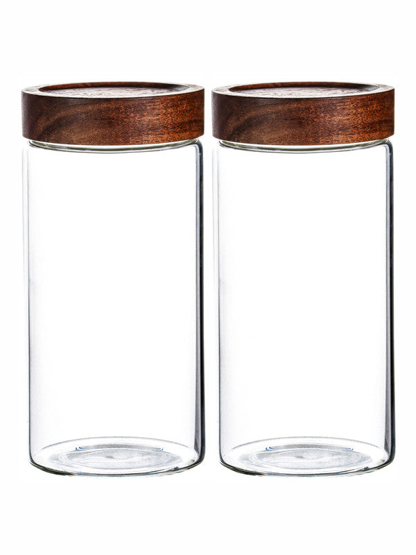 Clear Glass Storage Jar Set With Wooden Lid of 2pcs