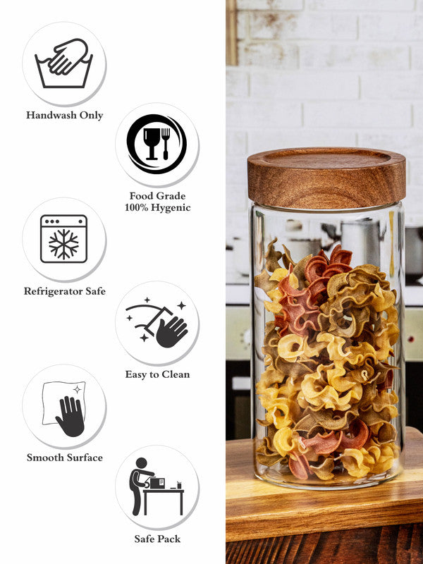 Clear Glass Storage Jar Set With Wooden Lid of 2pcs