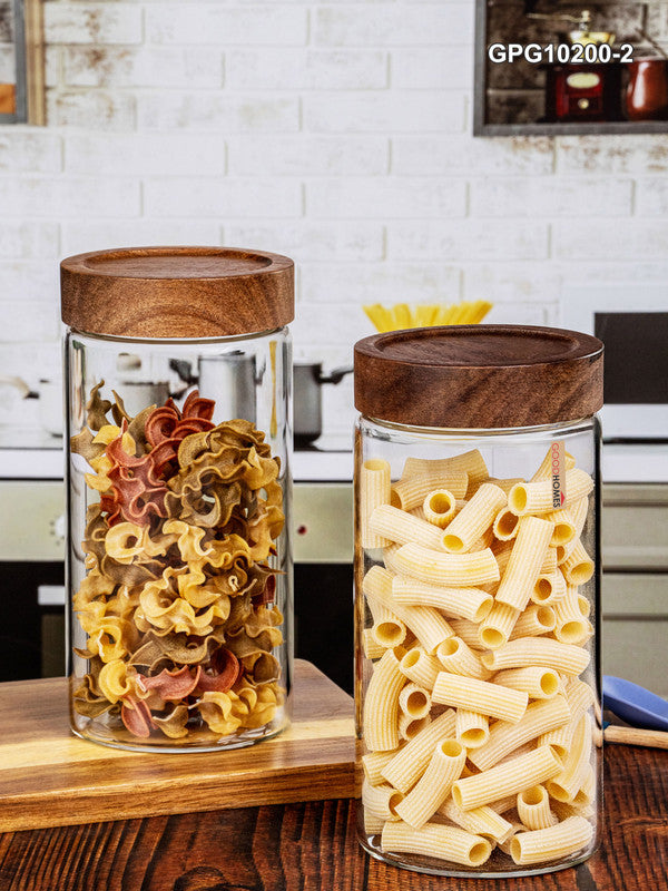 Clear Glass Storage Jar Set With Wooden Lid of 2pcs