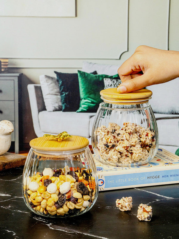 Glass Storage Jar with Wooden Lid Set of 2pcs