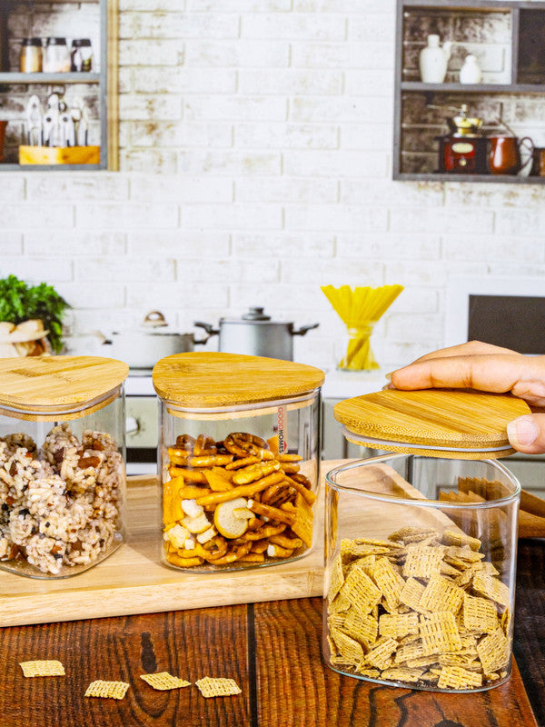 Glass Storage Jar with Wooden Lid Set of 3pcs